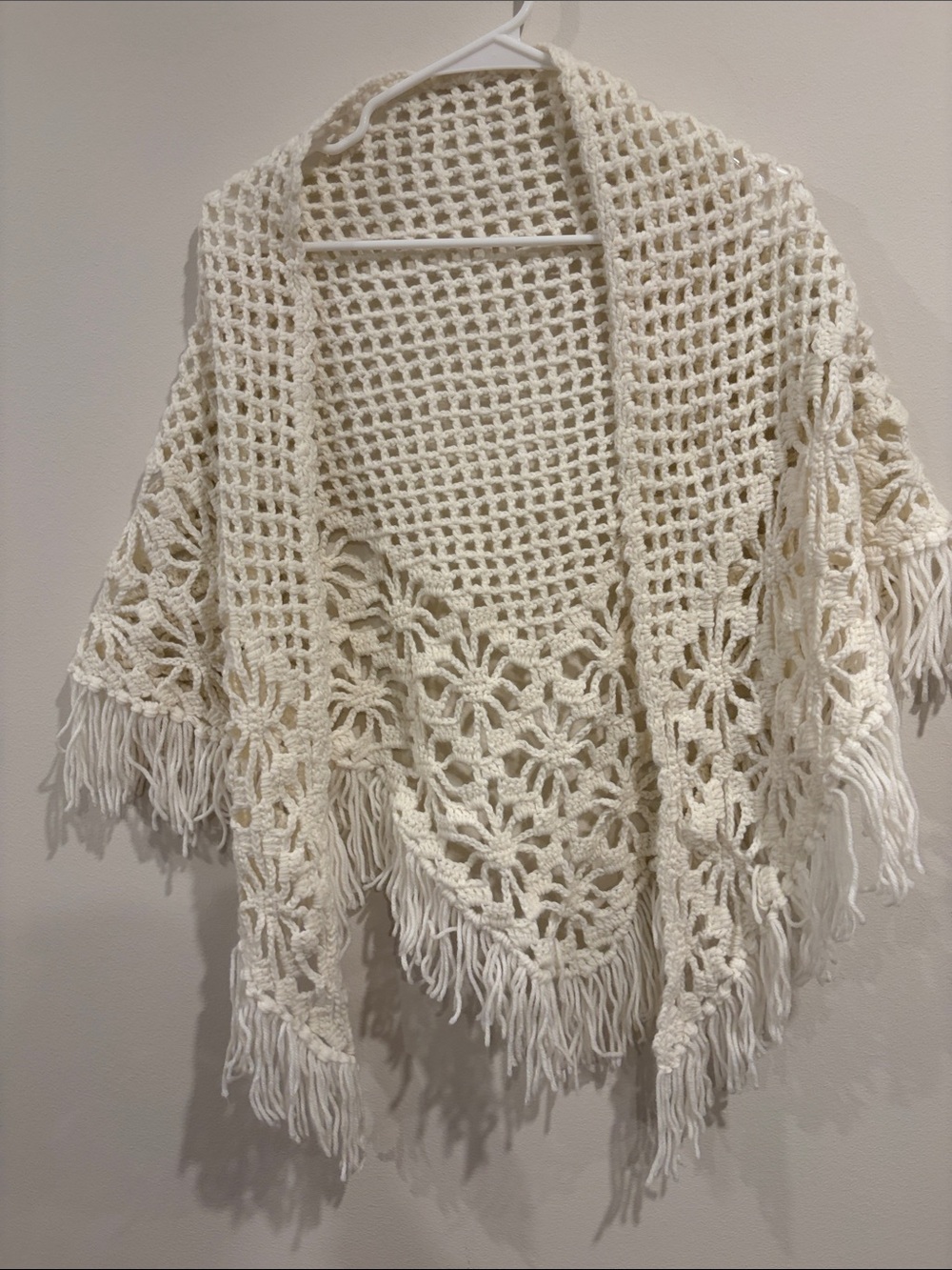 Ivory Crochet Fringe Poncho Shawl